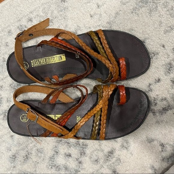 The Leather Collection Brown & Multi Color Braid Strap Lea Loop Sandals 8.5 - Picture 2 of 6